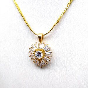 Glowing Heart CZ Pendant Necklace, Gold Tone Setting and Chain, Chaton Cubic Zir
